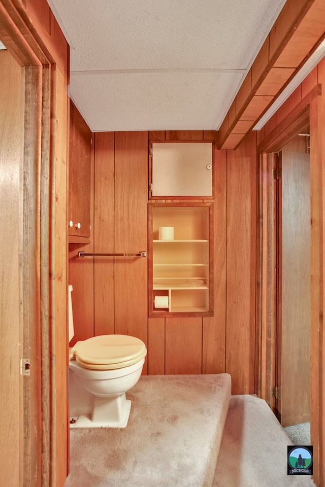 bathroom with toilet and wood walls