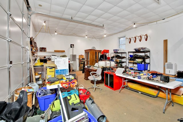 garage with a workshop area