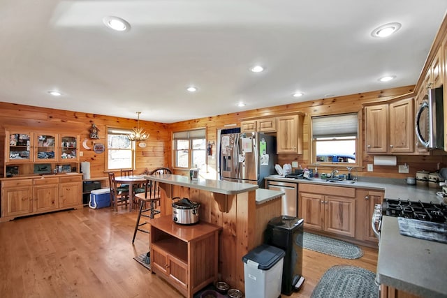 kitchen with appliances with stainless steel finishes, a center island, a healthy amount of sunlight, and a sink