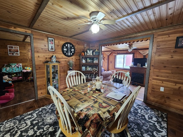 dining space featuring dark hardwood / wood-style floors, ceiling fan, and wooden walls