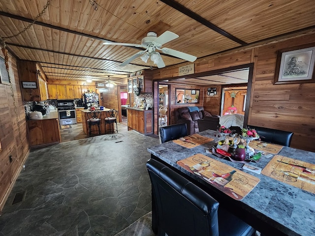 unfurnished dining area with ceiling fan, wood walls, and wooden ceiling