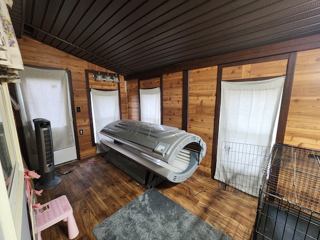 miscellaneous room featuring wood walls, dark hardwood / wood-style flooring, lofted ceiling, and wooden ceiling