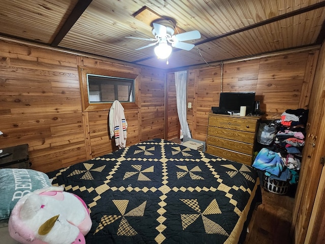 bedroom featuring ceiling fan, wood walls, and wooden ceiling