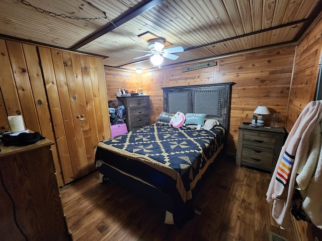 bedroom featuring dark hardwood / wood-style flooring, ceiling fan, wood walls, and wood ceiling