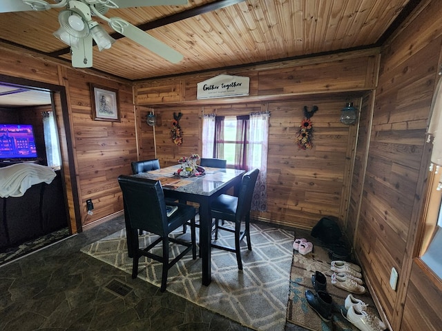 dining space featuring wood walls, ceiling fan, and wood ceiling