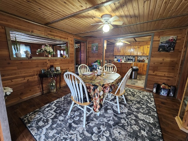 dining space featuring wooden walls, dark hardwood / wood-style flooring, ceiling fan, and wood ceiling