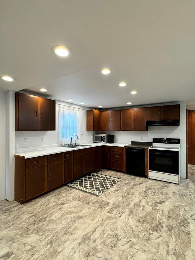 kitchen with dishwasher, dark brown cabinetry, white electric stove, and sink