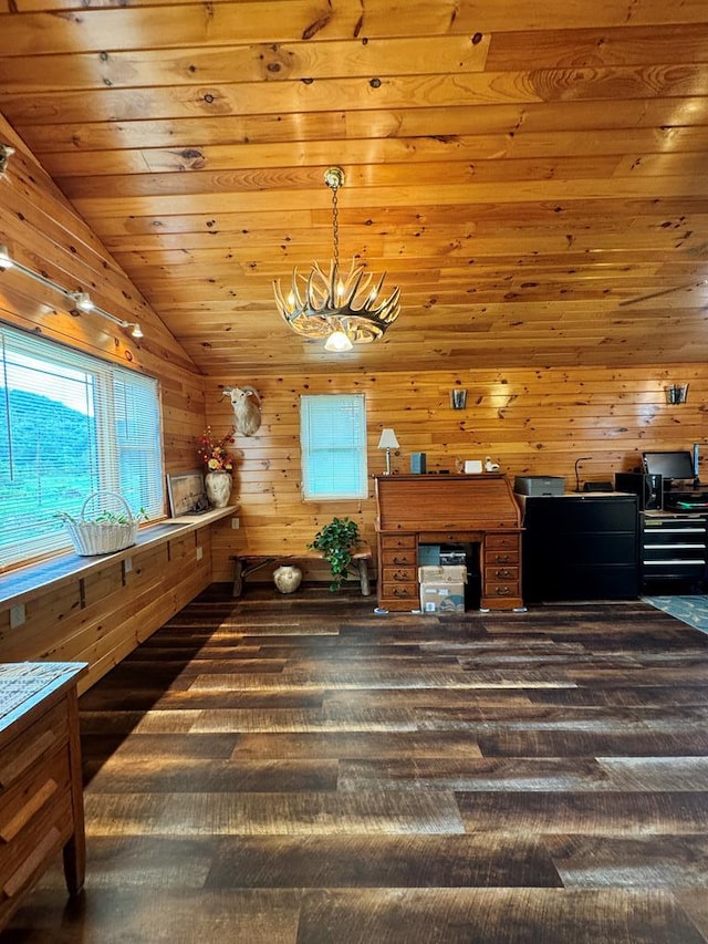 interior space with wooden walls, wood ceiling, lofted ceiling, and a notable chandelier