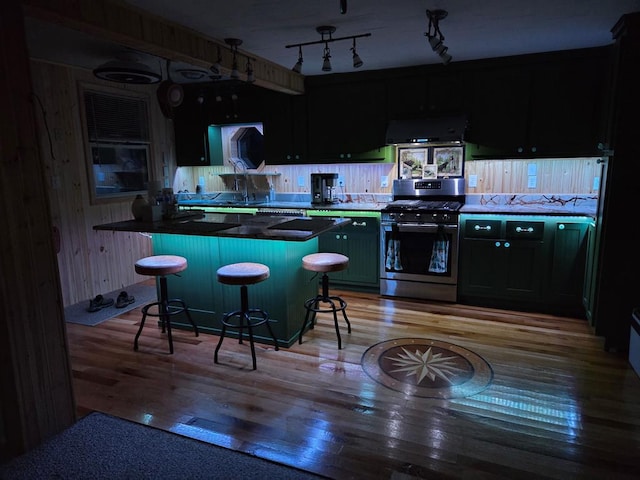 kitchen with light hardwood / wood-style flooring, stainless steel gas stove, a kitchen breakfast bar, a center island, and extractor fan