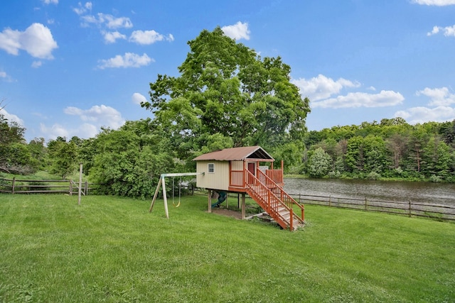 658 Ashley Hill Rd, Mansfield, PA 16933 - fenced backyard with a playground, a water view, a forest view, and stairs