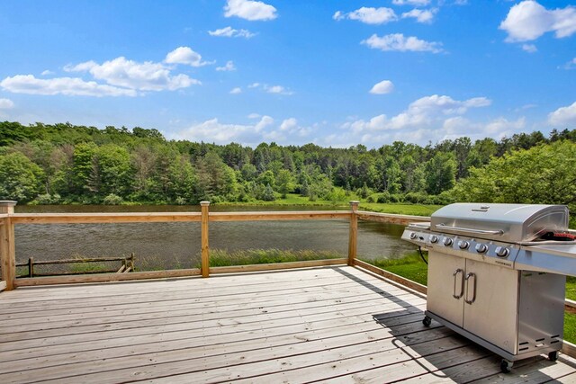 658 Ashley Hill Rd, Mansfield, PA 16933 - wooden deck featuring a grill, a forest view, and a water view