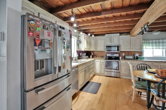 658 Ashley Hill Rd, Mansfield, PA 16933 - kitchen with stainless steel appliances, a wooden ceiling with exposed beams, light countertops, light wood-style flooring, and decorative backsplash