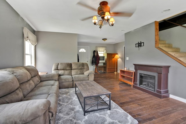 658 Ashley Hill Rd, Mansfield, PA 16933 - living area with hardwood / wood-style floors, ceiling fan, and stairs