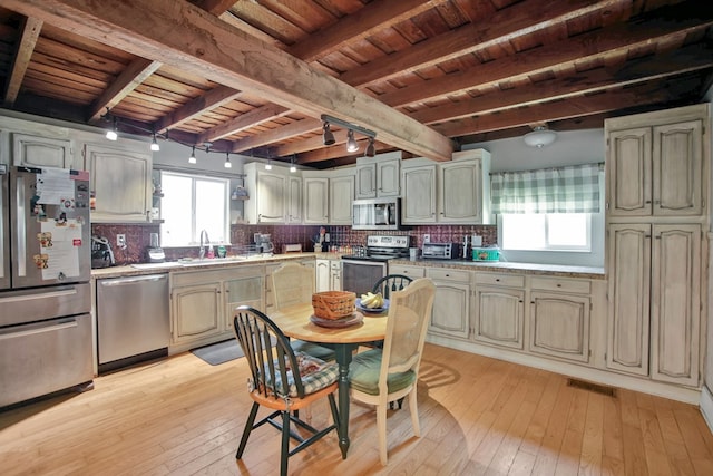 658 Ashley Hill Rd, Mansfield, PA 16933 - kitchen featuring stainless steel appliances, a wooden ceiling with exposed beams, light wood-style flooring, light countertops, and backsplash