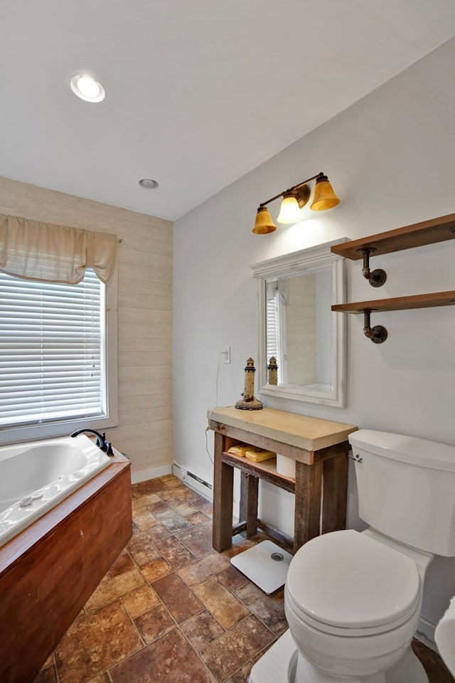 658 Ashley Hill Rd, Mansfield, PA 16933 - full bathroom with a bath, stone tile floors, a baseboard heating unit, and recessed lighting