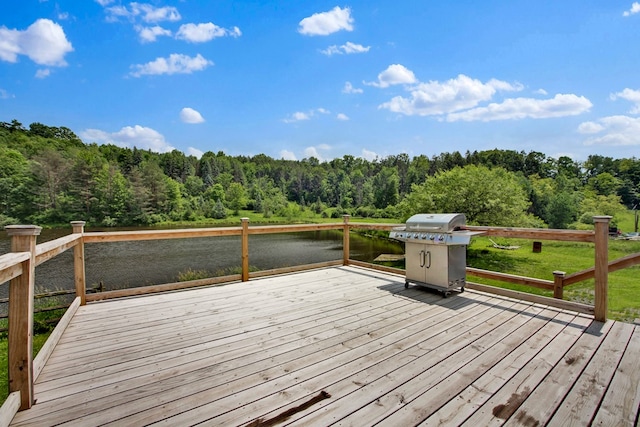 658 Ashley Hill Rd, Mansfield, PA 16933 - wooden deck featuring a wooded view, a grill, and a water view