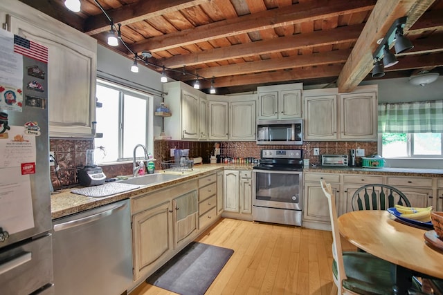 658 Ashley Hill Rd, Mansfield, PA 16933 - kitchen with stainless steel appliances, a wood ceiling with exposed beams, healthy amount of natural light, decorative backsplash, and light wood finished floors