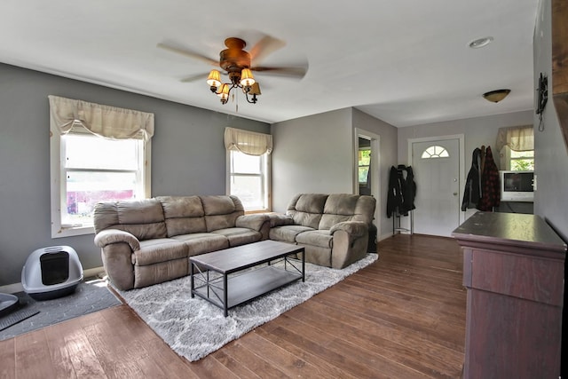 658 Ashley Hill Rd, Mansfield, PA 16933 - living area featuring ceiling fan and dark wood-style flooring