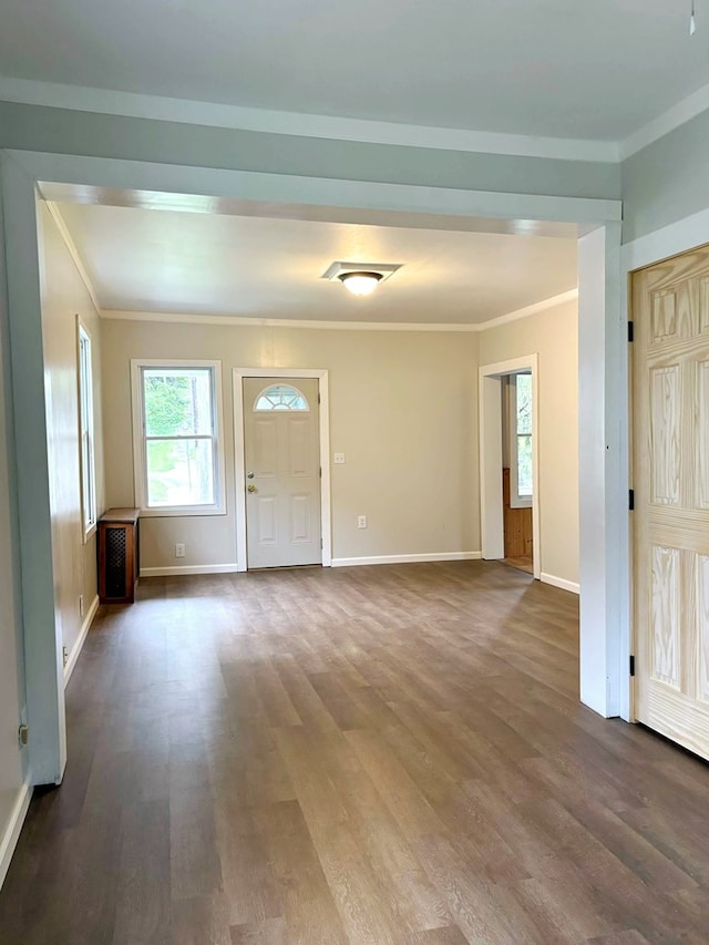 foyer entrance featuring wood-type flooring and crown molding