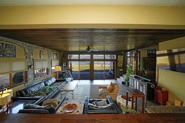 sunroom featuring ceiling fan and wood ceiling