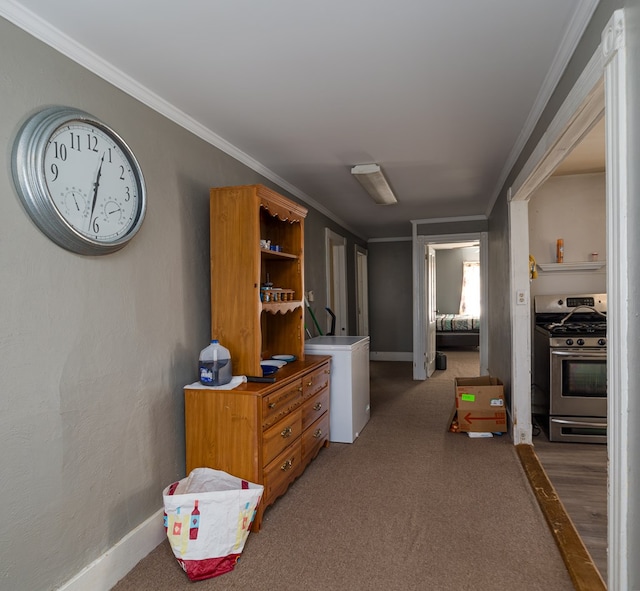 hallway featuring crown molding and carpet