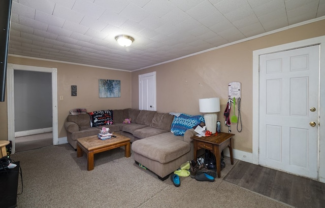 carpeted living room featuring crown molding