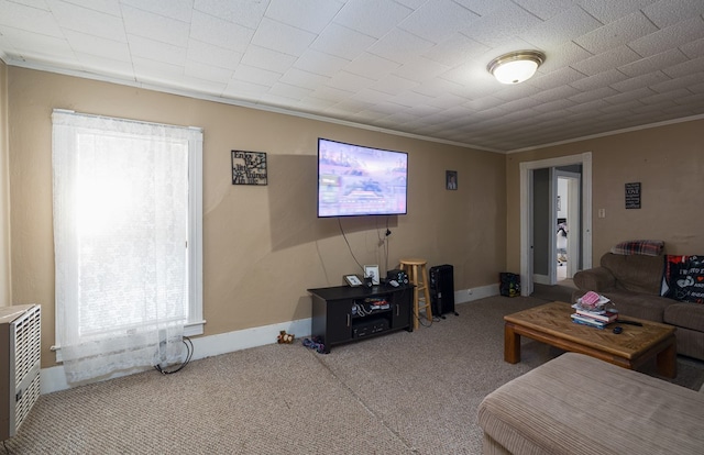 carpeted living room with ornamental molding