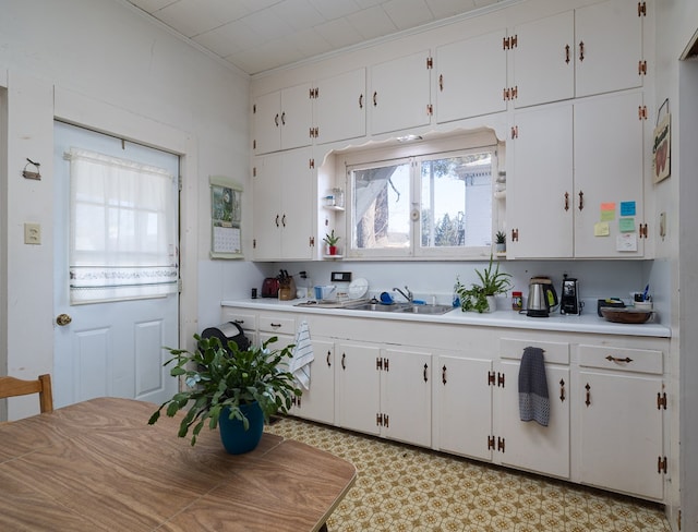 kitchen featuring white cabinets, ornamental molding, and sink