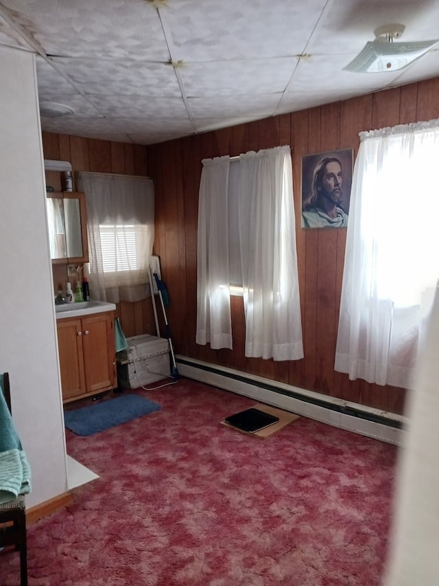 interior space featuring baseboard heating, carpet flooring, and wood walls