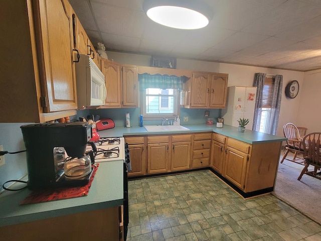 kitchen featuring kitchen peninsula, sink, and range with gas cooktop