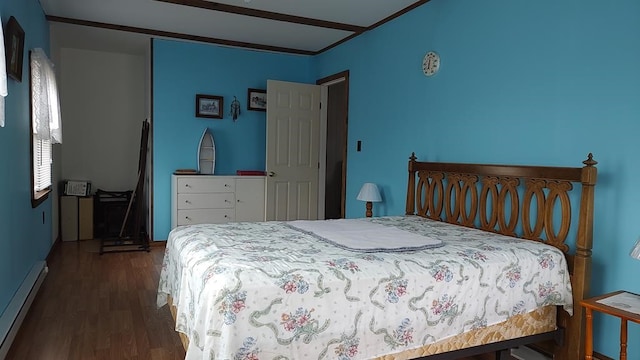 bedroom with dark hardwood / wood-style flooring and a baseboard radiator