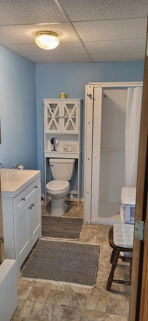 bathroom with a drop ceiling, toilet, and vanity