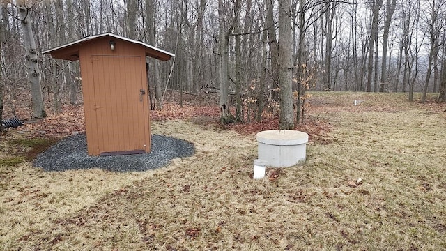 view of yard with a storage shed