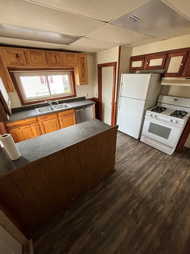 kitchen with a paneled ceiling, white appliances, sink, dark hardwood / wood-style floors, and range hood