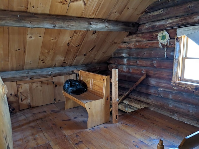 480 Bowers Rd, Coudersport, PA 16915 - interior space featuring wood-type flooring, vaulted ceiling, and log walls