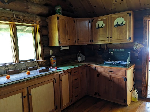 480 Bowers Rd, Coudersport, PA 16915 - kitchen featuring wood-type flooring, log walls, wooden ceiling, and light countertops