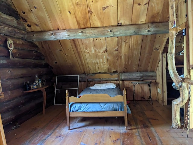 480 Bowers Rd, Coudersport, PA 16915 - bedroom featuring log walls, hardwood / wood-style floors, and wood ceiling