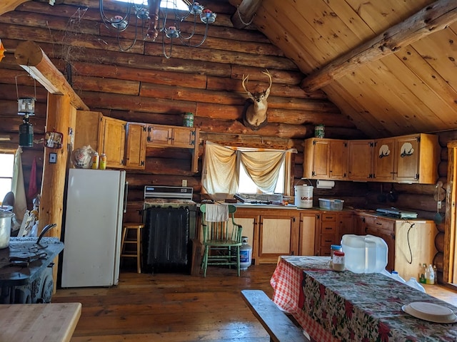 480 Bowers Rd, Coudersport, PA 16915 - kitchen featuring rustic walls, freestanding refrigerator, dark wood-style flooring, wood ceiling, and stove