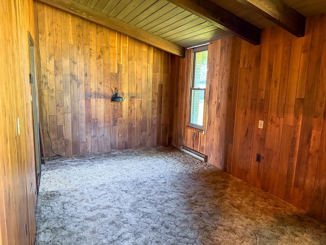986 Wesauking Dr, Towanda, PA 18848 - spare room with beam ceiling, baseboard heating, wooden walls, carpet floors, and wood ceiling