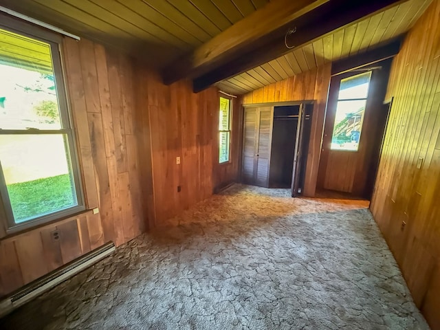986 Wesauking Dr, Towanda, PA 18848 - carpeted spare room featuring wood walls, healthy amount of natural light, a baseboard heating unit, and wood ceiling