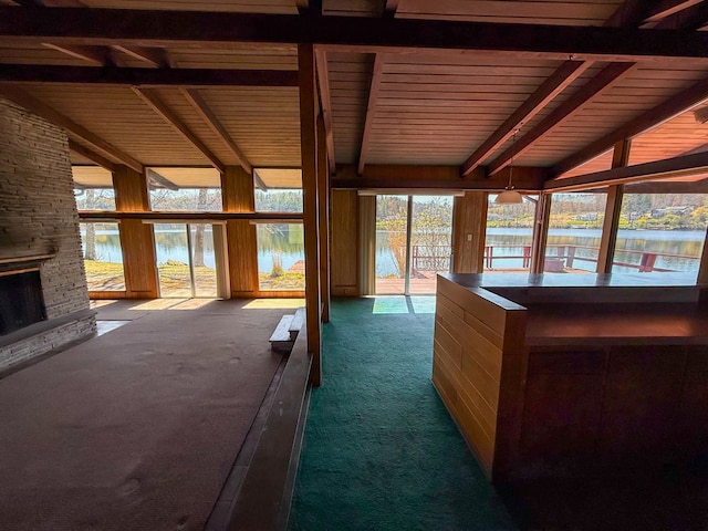 986 Wesauking Dr, Towanda, PA 18848 - unfurnished sunroom with carpet flooring, beam ceiling, a water view, and wooden ceiling