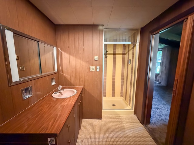 986 Wesauking Dr, Towanda, PA 18848 - full bathroom featuring a stall shower, vanity, and wooden walls