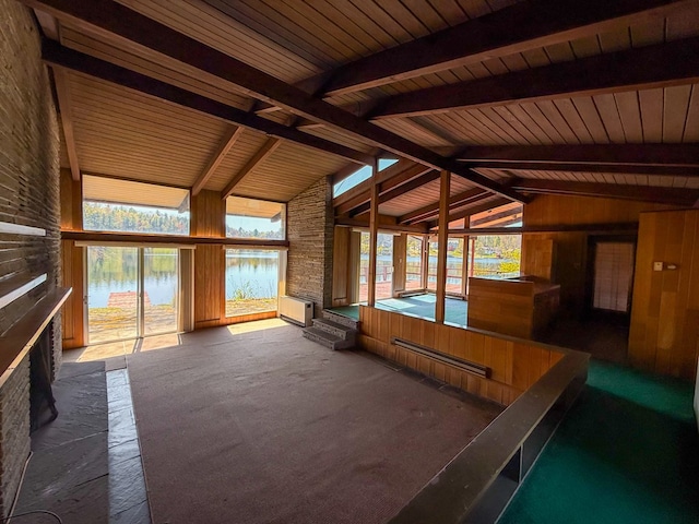 986 Wesauking Dr, Towanda, PA 18848 - unfurnished sunroom with carpet floors, wooden walls, a water view, and wood ceiling