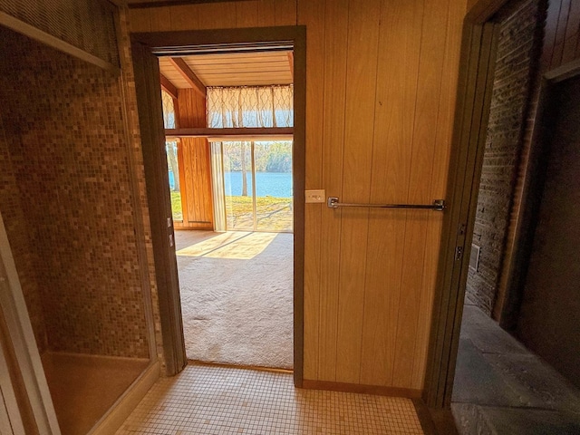 986 Wesauking Dr, Towanda, PA 18848 - doorway to outside featuring wooden walls, tile patterned floors, and carpet flooring