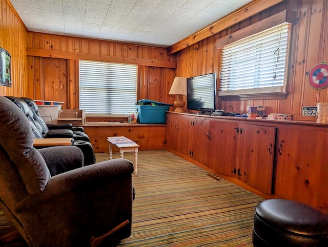 1057 Stony Fork Rd, Wellsboro, PA 16901 - living room featuring carpet floors and wood walls