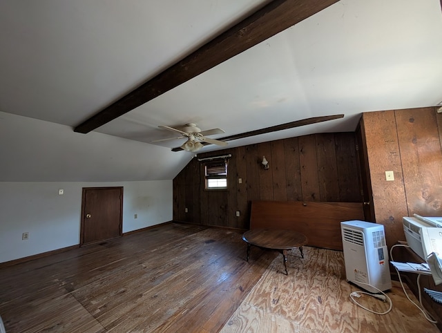 1057 Stony Fork Rd, Wellsboro, PA 16901 - additional living space with vaulted ceiling with beams, wood-type flooring, a ceiling fan, and wood walls