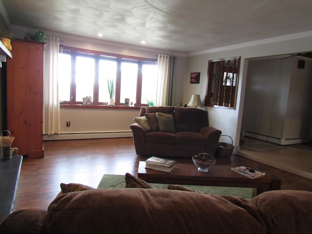 living room featuring crown molding, wood-type flooring, and a baseboard heating unit