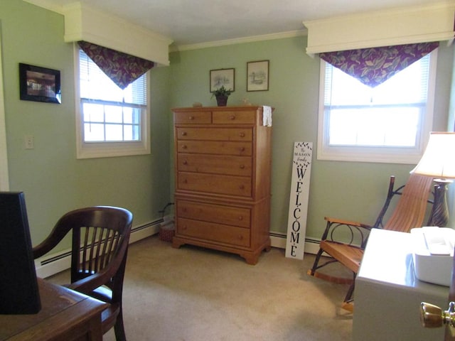 carpeted home office with a baseboard heating unit and crown molding