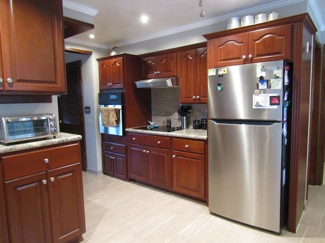 kitchen featuring light stone countertops, ornamental molding, appliances with stainless steel finishes, and backsplash