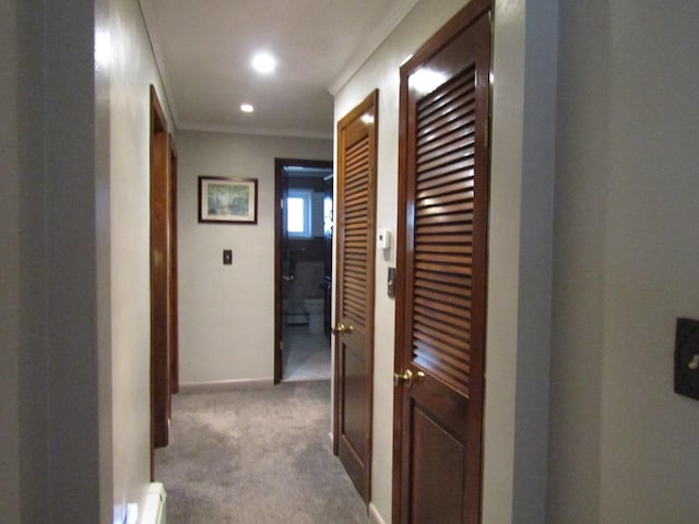 hall with ornamental molding and carpet